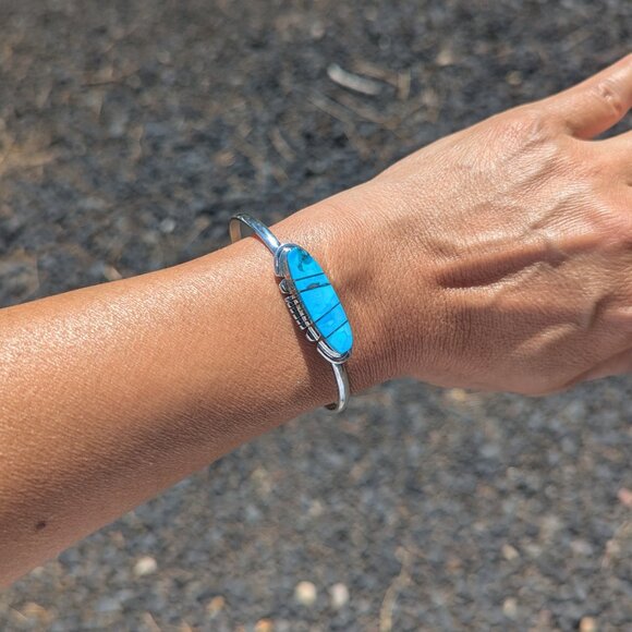 Navajo Bracelet Handmade Sterling Silver Kingman Turquoise Jewelry Sz 6.75in.*** - Picture 6 of 10